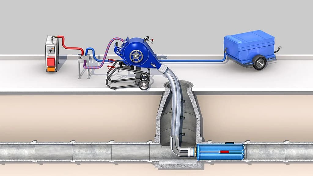 Schemat instalacji rękawa CIPP przez studzienkę bez rozkopywania terenu
