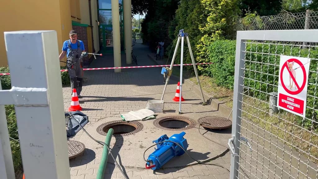 Serwis przepompowni z trójnogiem asekuracyjnym nad otwartymi włazami