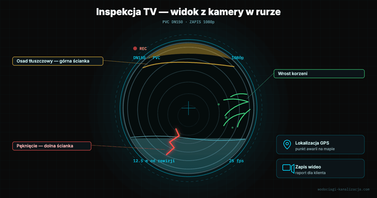 Widok z kamery inspekcyjnej w rurze kanalizacyjnej