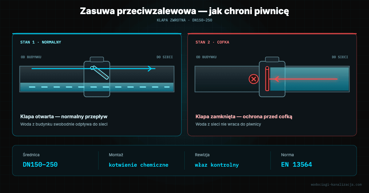 Schemat zasuwy burzowej — klapa otwarta i zamknięta