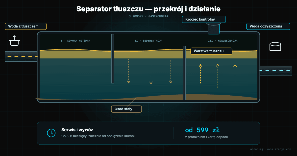 Przekrój separatora tłuszczu — schemat działania