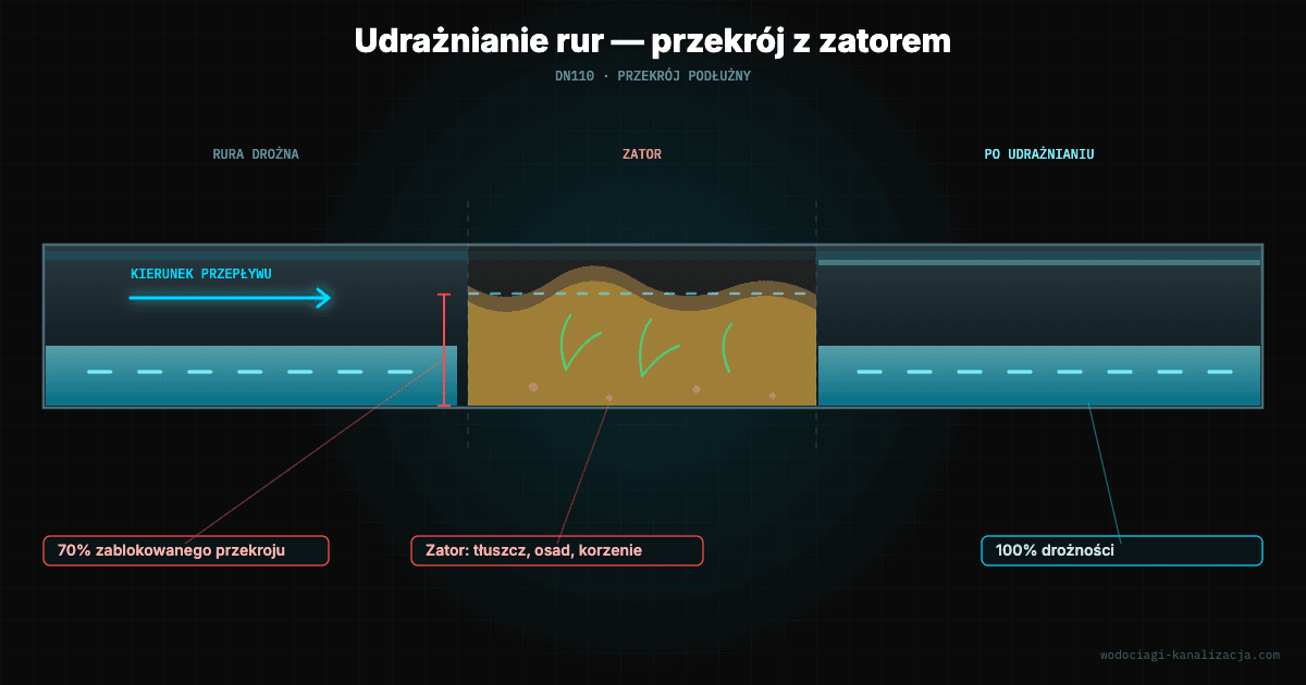 Przekrój rury kanalizacyjnej — przed i po udrażnianiu